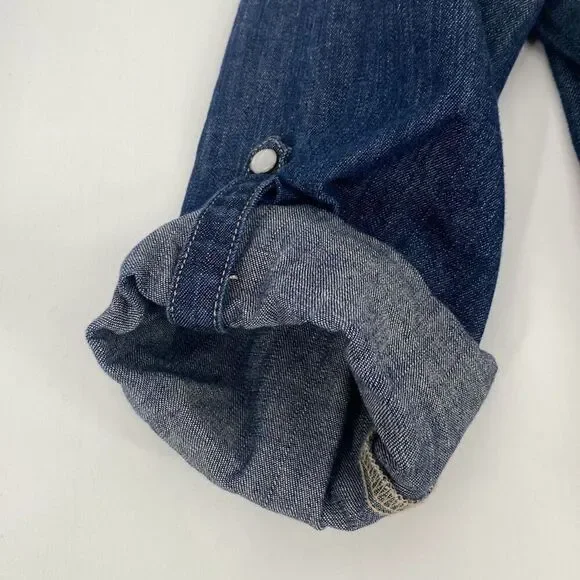 Harley Davidson Womens S Pearl Snap Close Studded  Denim Jean Shirt Roll Tab  Bl - Picture 5 of 12